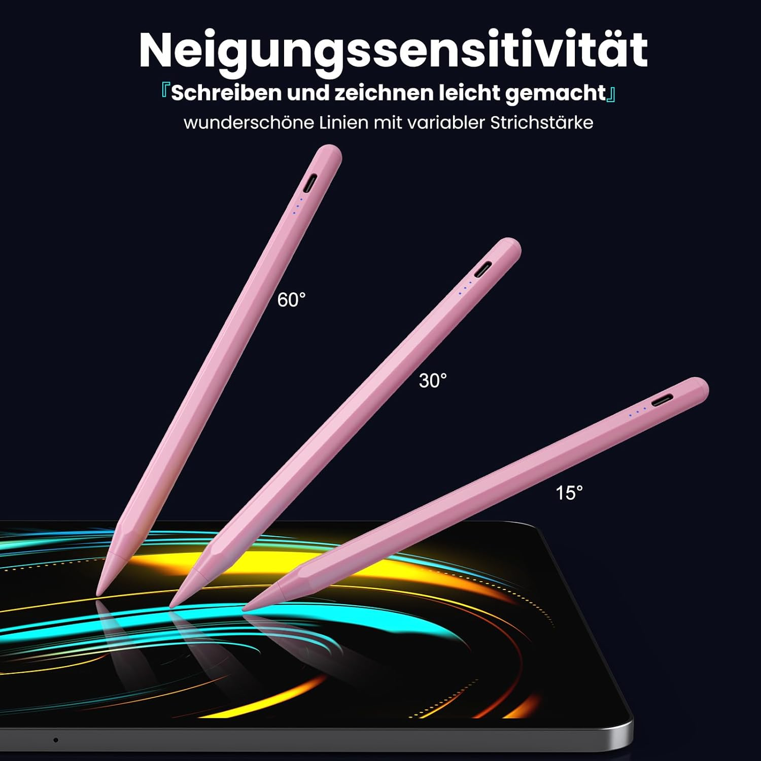 Drei rosa Stifte auf einem Tablet, die Neigungssensitivität zeigen.