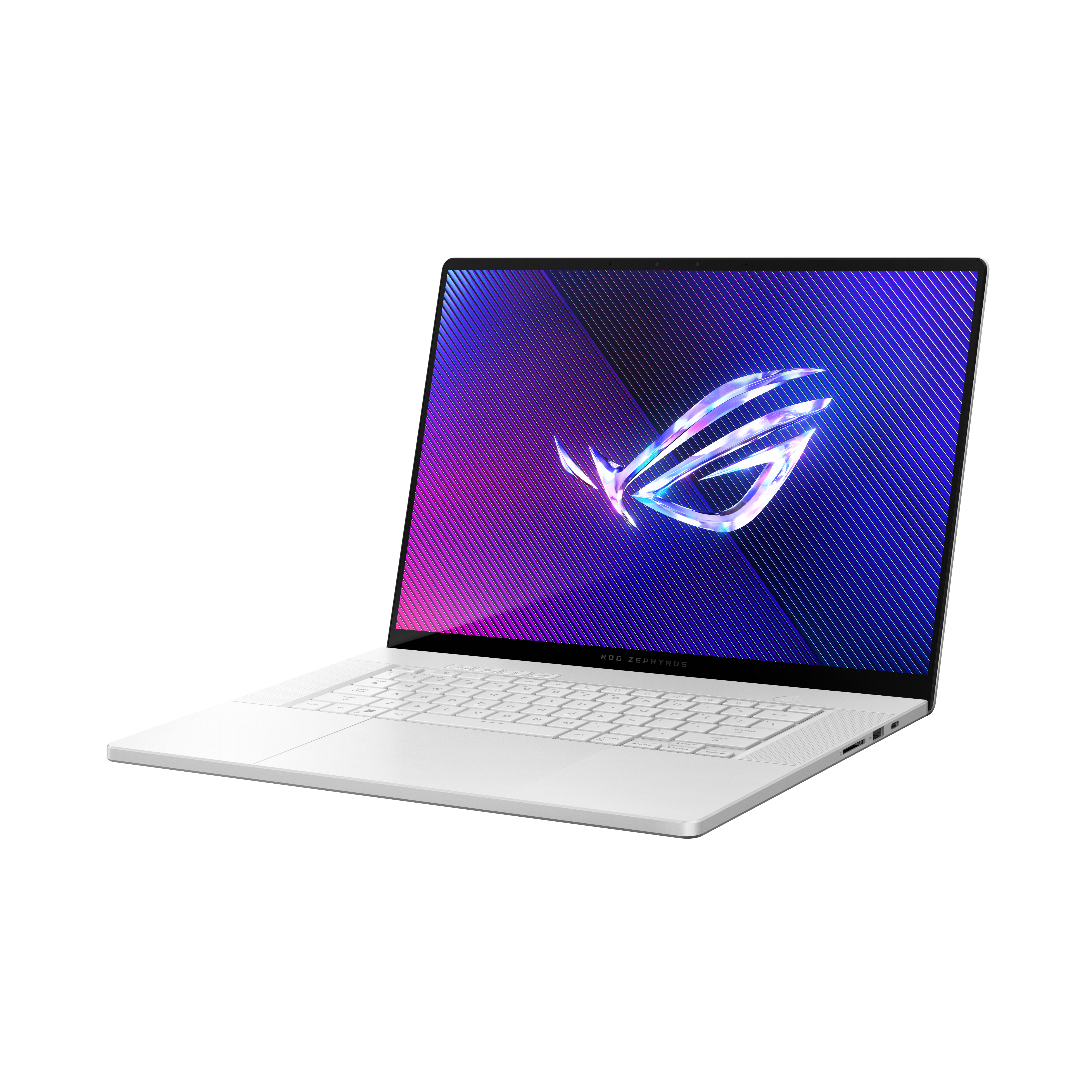Een witte laptop met een gloeiend ROG-logo op het scherm.