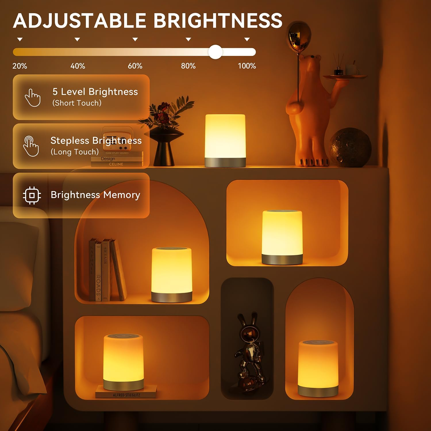 Lampe mit einstellbarer Helligkeit, 5 Stufen, stufenlos und Speicher.