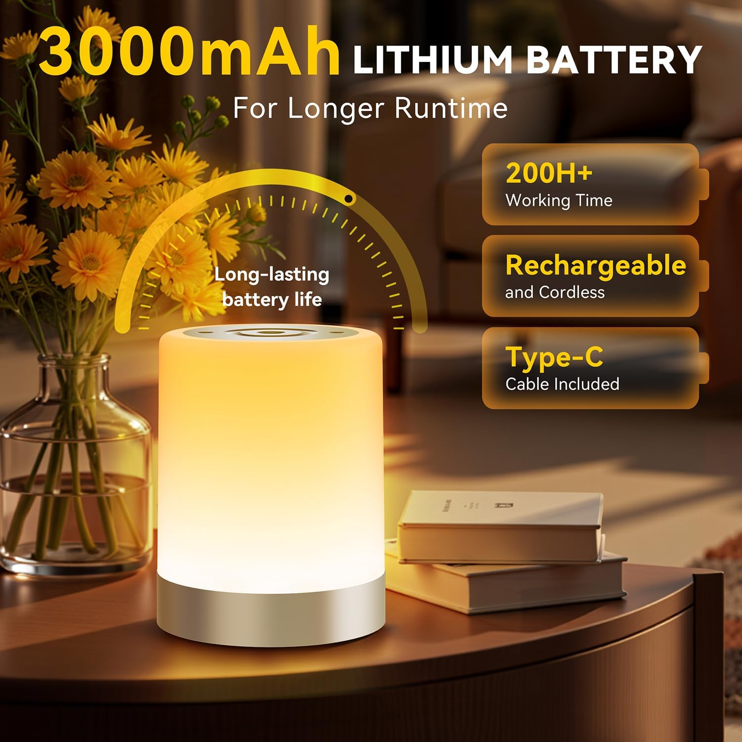 Eine tragbare Lampe mit 3000mAh Akku, 200+ Stunden Laufzeit, wiederaufladbar via USB-C.
