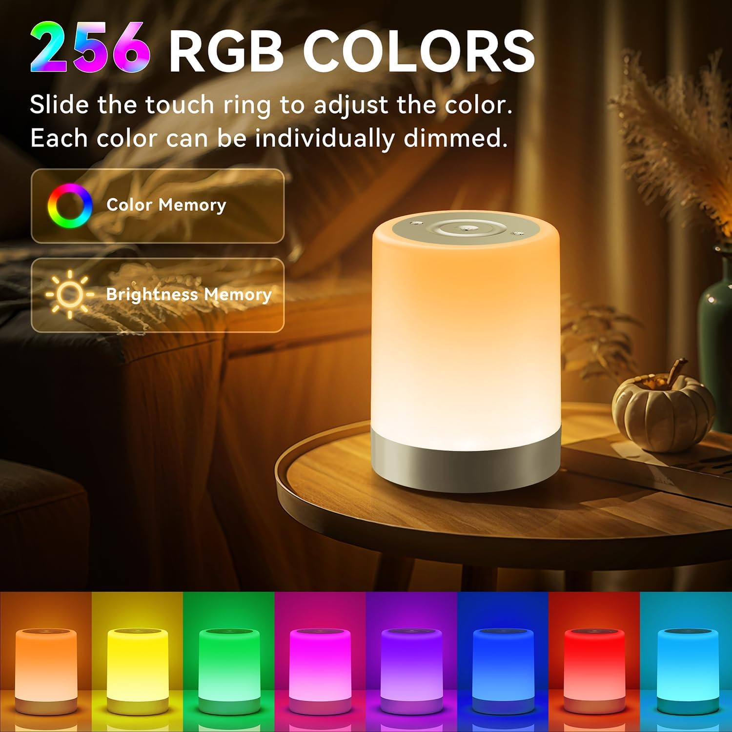 Ein Nachttischlampe zeigt verschiedene RGB-Farben. Text beschreibt Farb- und Helligkeitsspeicher.