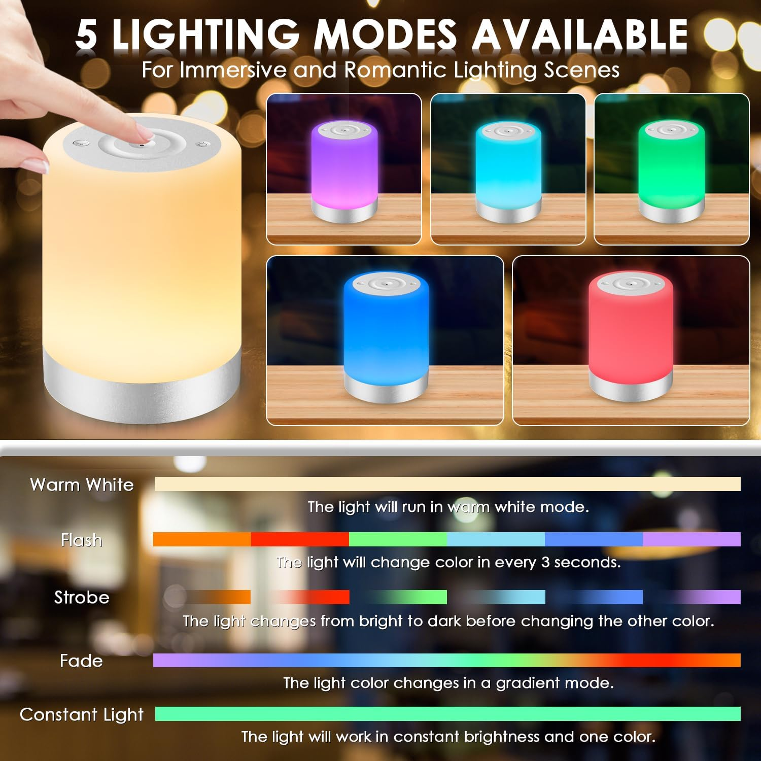 Ein Nachttischlampe mit 5 Beleuchtungsmodi: Warmweiß, Blitz, Stroboskop, Fade, Konstantlicht.
