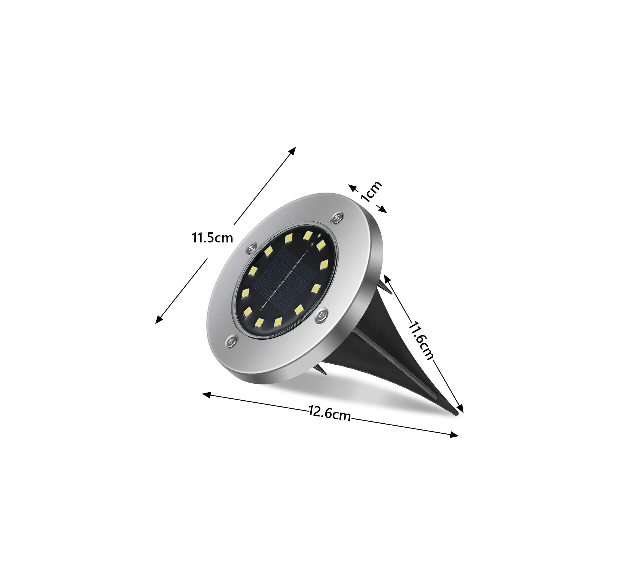 Silberne Solarleuchte mit schwarzem Erdspieß und Maßen.