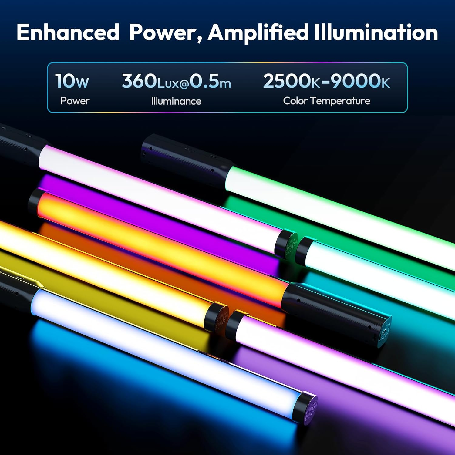 Mehrere bunte LED-Stäbe liegen auf schwarzem Hintergrund. Beschriftung: 10W, 360 Lux, 2500K-9000K.