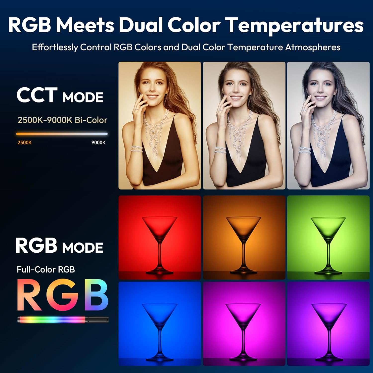 Anzeige zeigt RGB & CCT Modi. Modelle mit Schmuck, Martinigläser in Rot, Orange, Grün, Blau, Magenta, Lila.