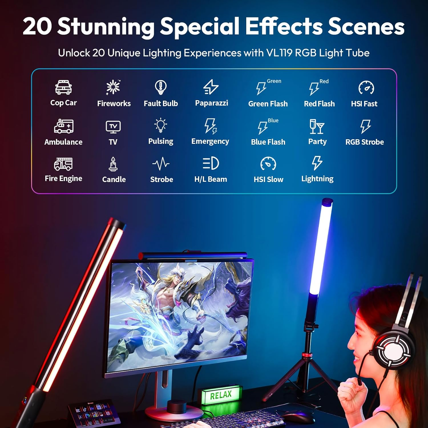 Gaming-Setup mit RGB-Lichtröhren, Monitor und Kopfhörer tragender Person.