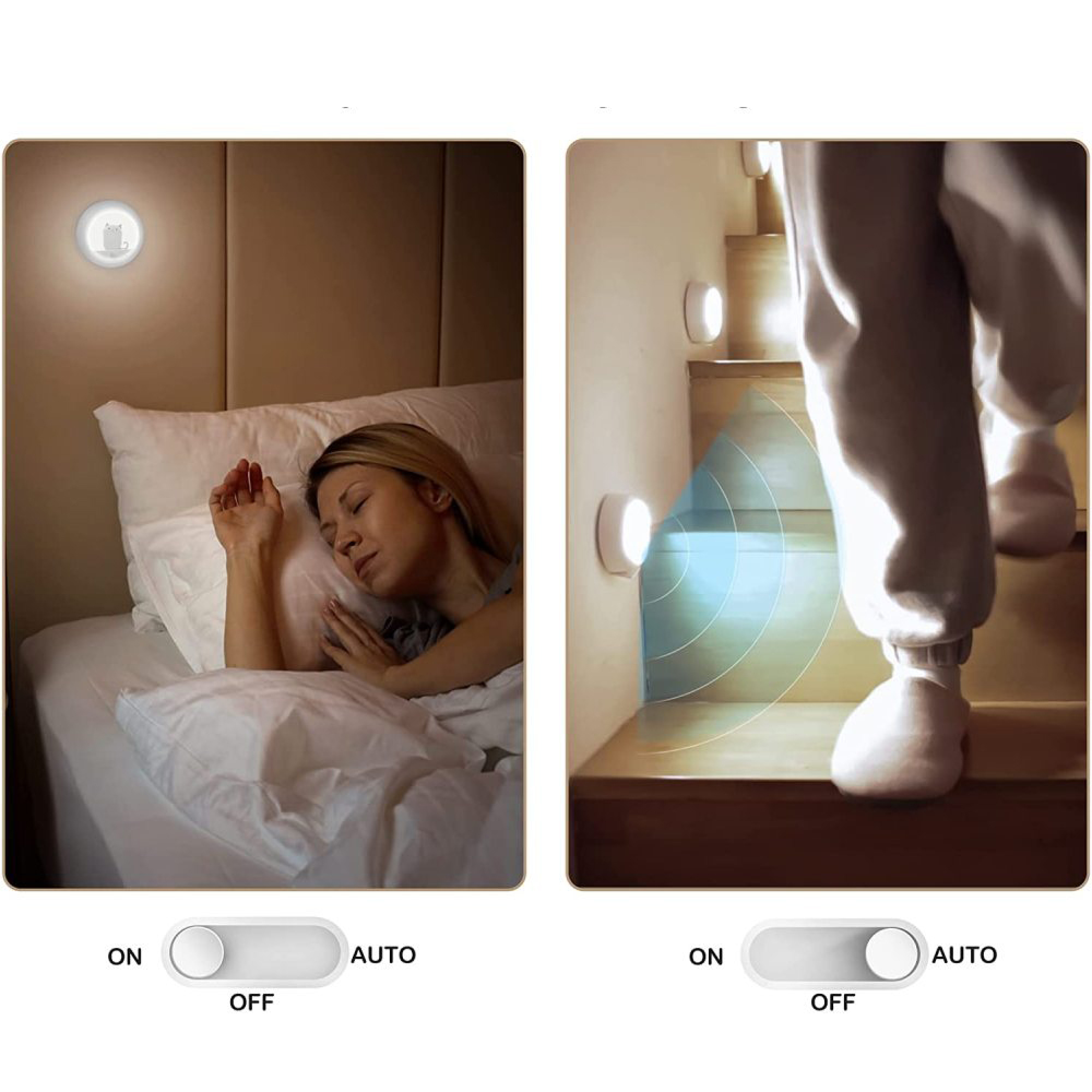 Eine Frau schläft im Bett, daneben eine Treppe mit einer Person, die hinuntergeht.