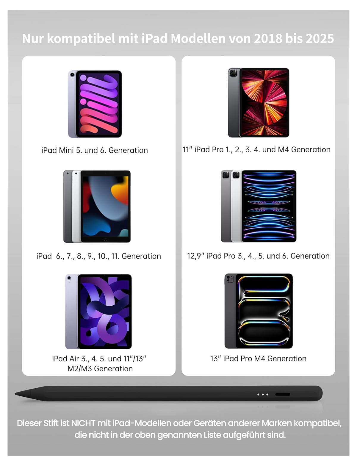 Kompatible iPad-Modelle von 2018-2025 mit Stift.