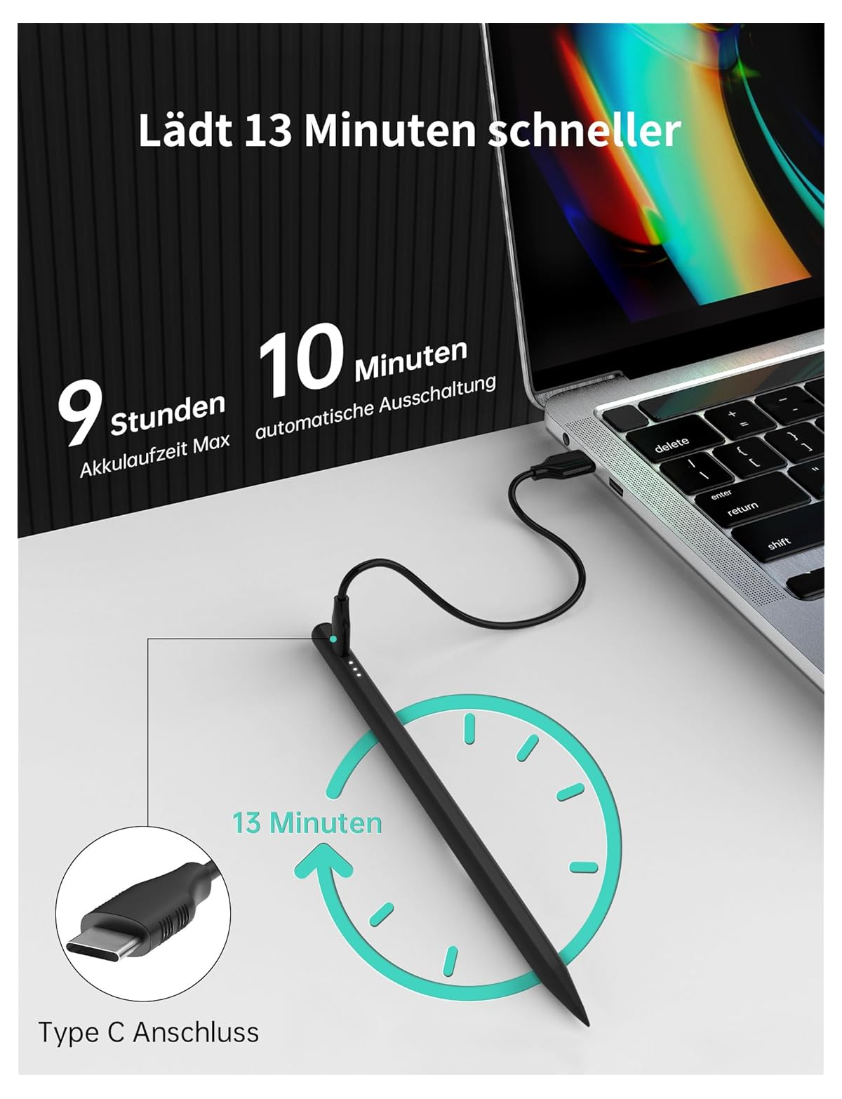 Ein schwarzer Stift mit Ladekabel wird an einem Laptop angeschlossen.