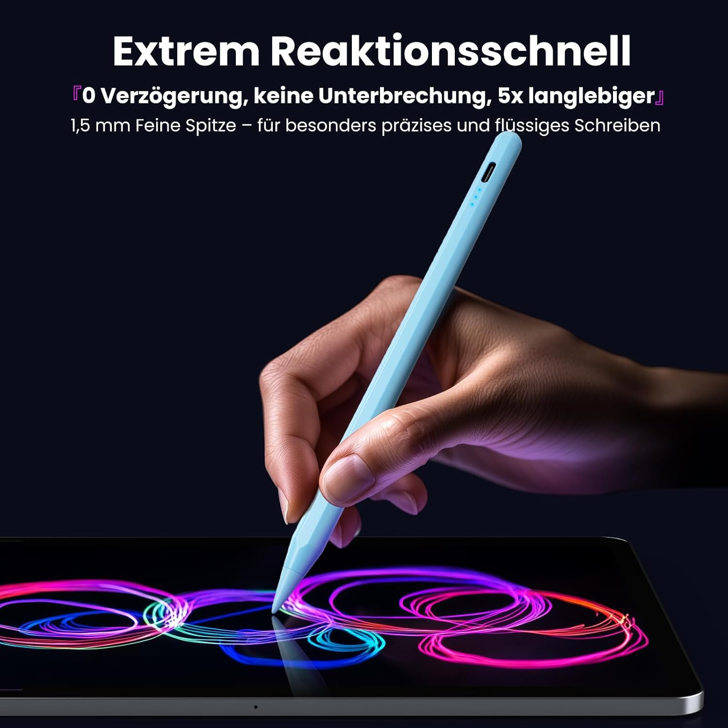 Ein hellblauer Stift wird von einer Hand gehalten, um auf einem Tablet mit bunten Linien zu zeichnen.