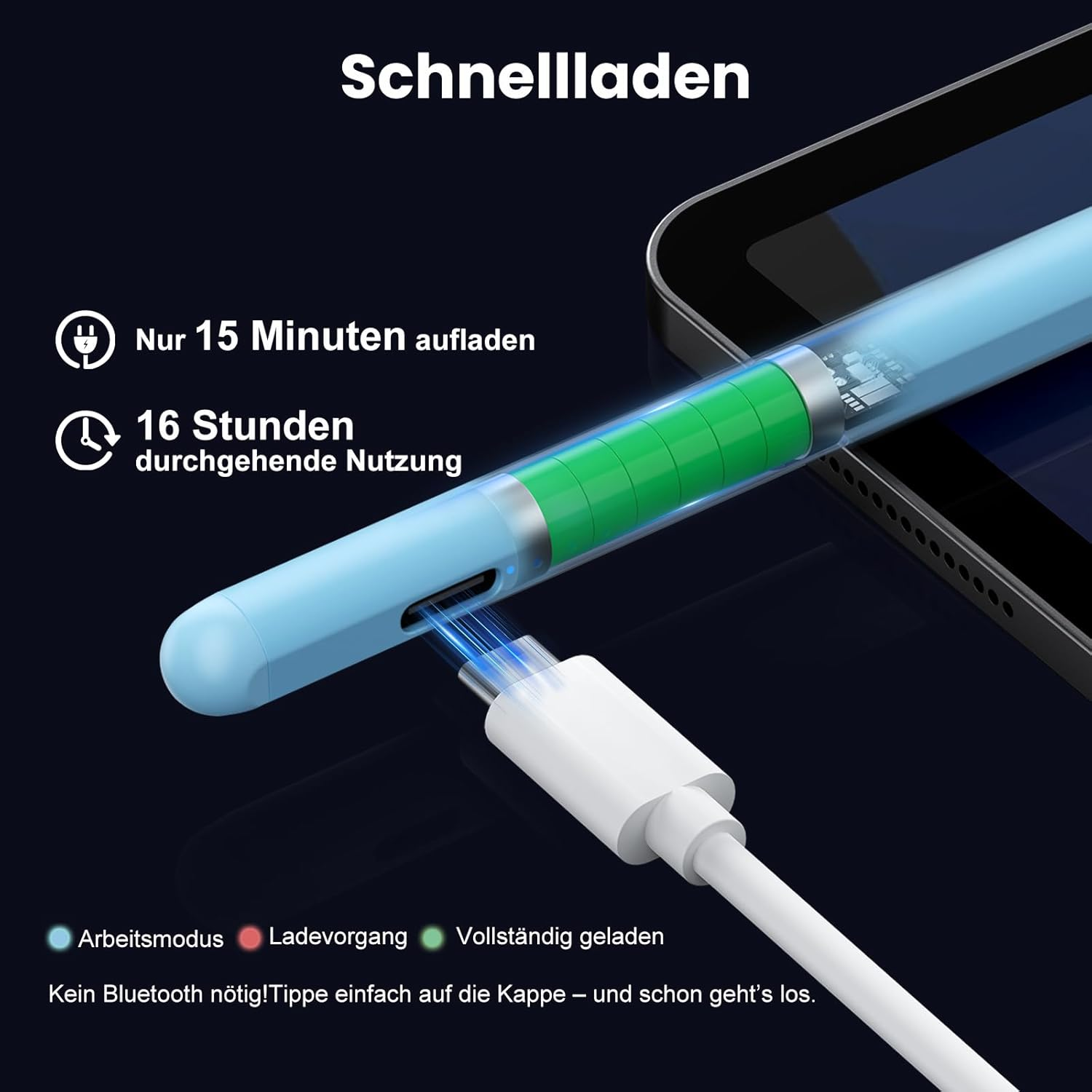 Ein blauer Stift mit grüner Ladeanzeige wird an ein Tablet angeschlossen.