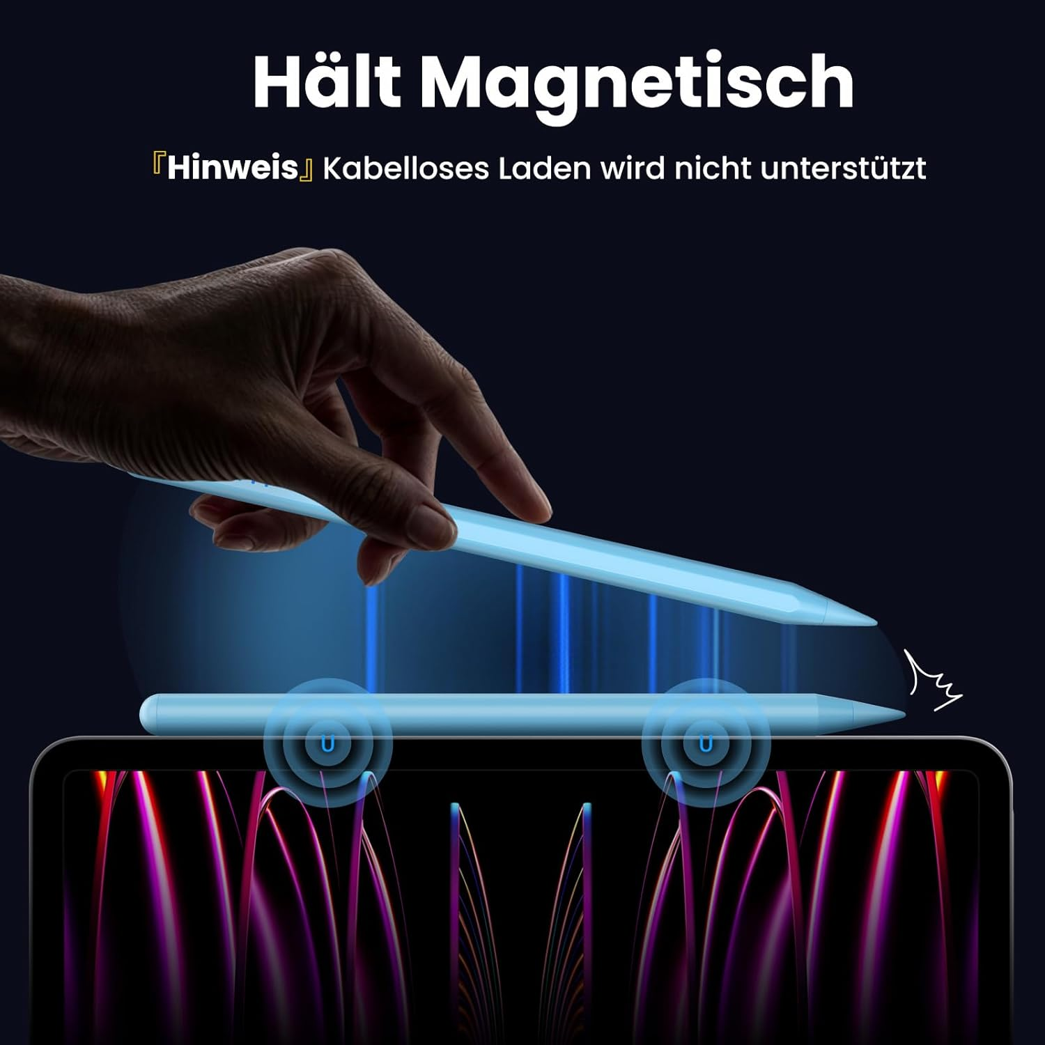 Ein Stift magnetisch an einem Tablet befestigt, das kabelloses Laden nicht unterstützt.