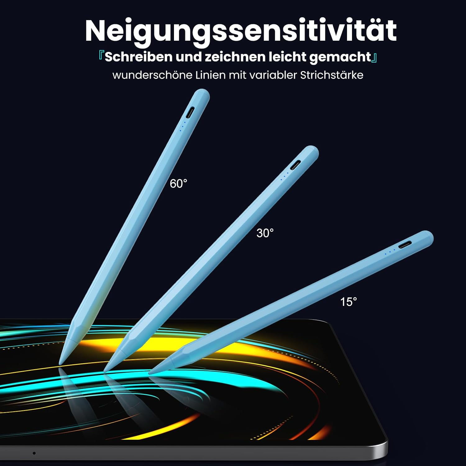 Drei blaue Stifte auf einem Tablet bei 60°, 30° und 15° Neigung.