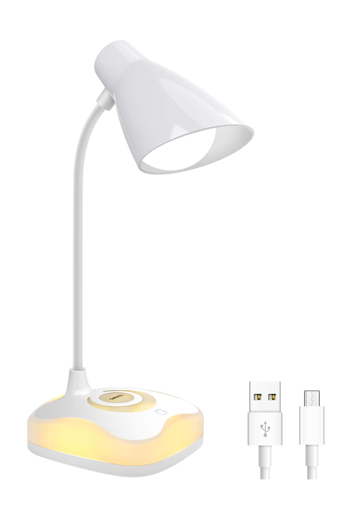Eine weiße LED-Schreibtischlampe mit flexiblem Hals, Touch-Bedienung und gelbem Sockellicht. Inklusive USB-Kabel.