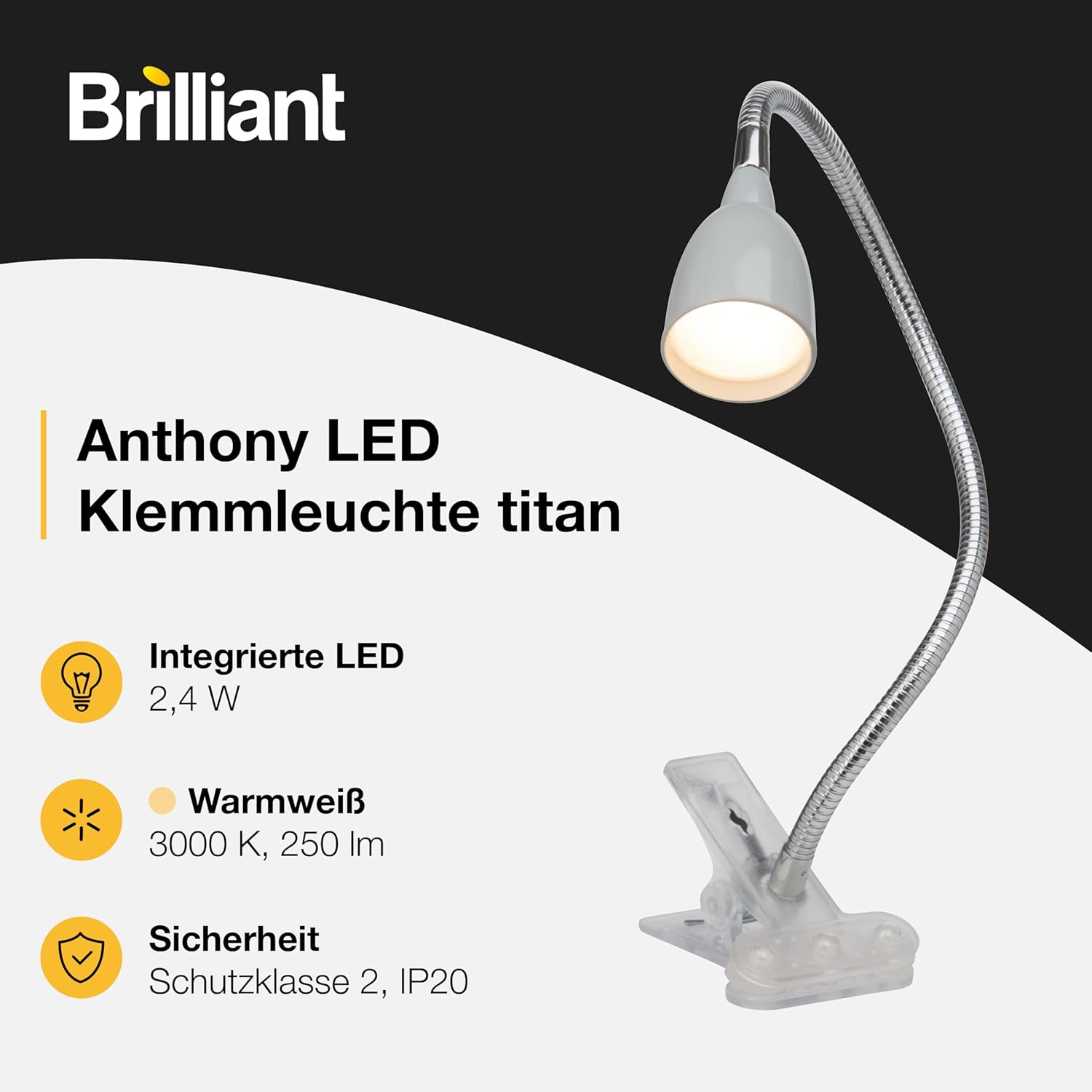 Eine graue Klemmleuchte mit flexiblen Schwanenhals und starker Klemme.