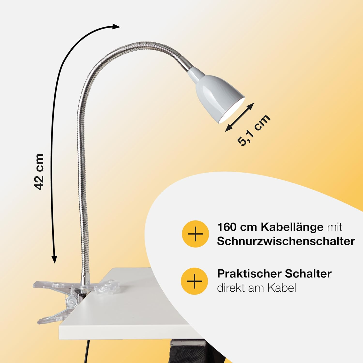 Flexibler Schreibtischlampe mit 42cm Höhe, 5,1cm Lampenkopf und 160cm Kabel.