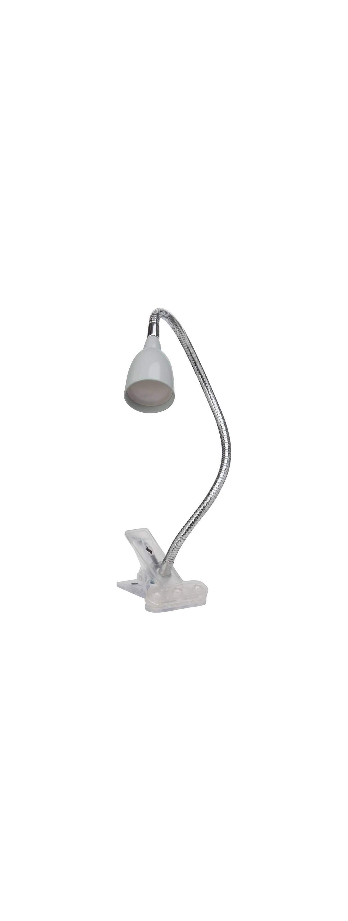 Eine kleine weiße Lampe mit einem flexiblen Metallarm und einer Klemme.