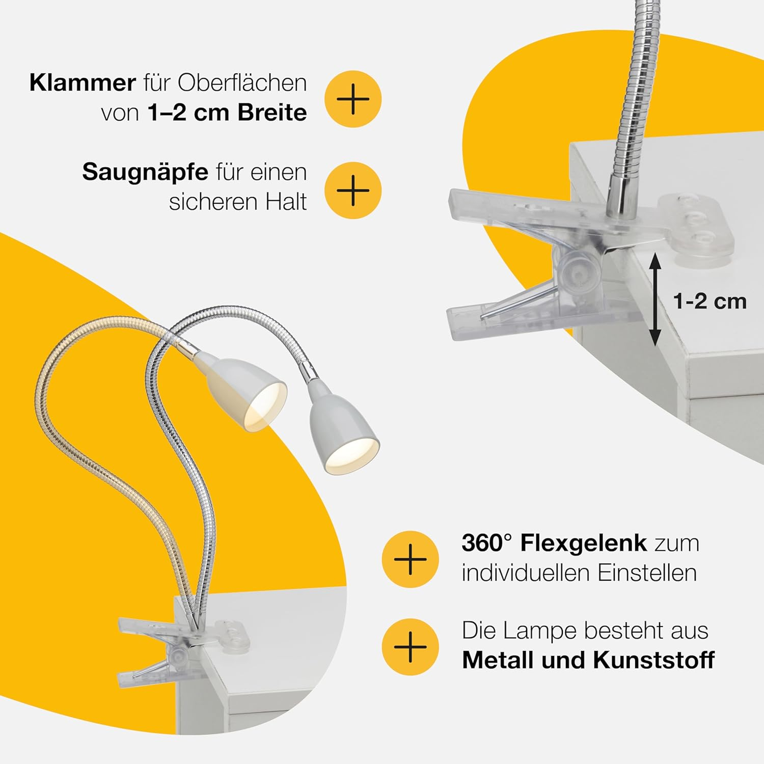 Eine Schreibtischlampe mit zwei flexiblen Armen, die an einem Tisch befestigt ist.