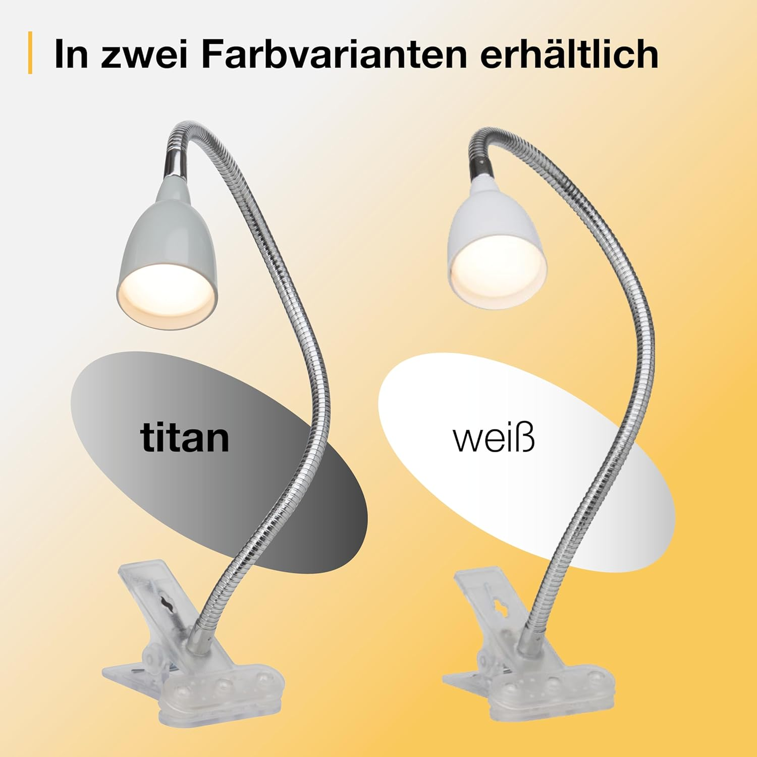 Zwei Klemmlampen mit Schwanenhals: eine in Titan, eine in Weiß.