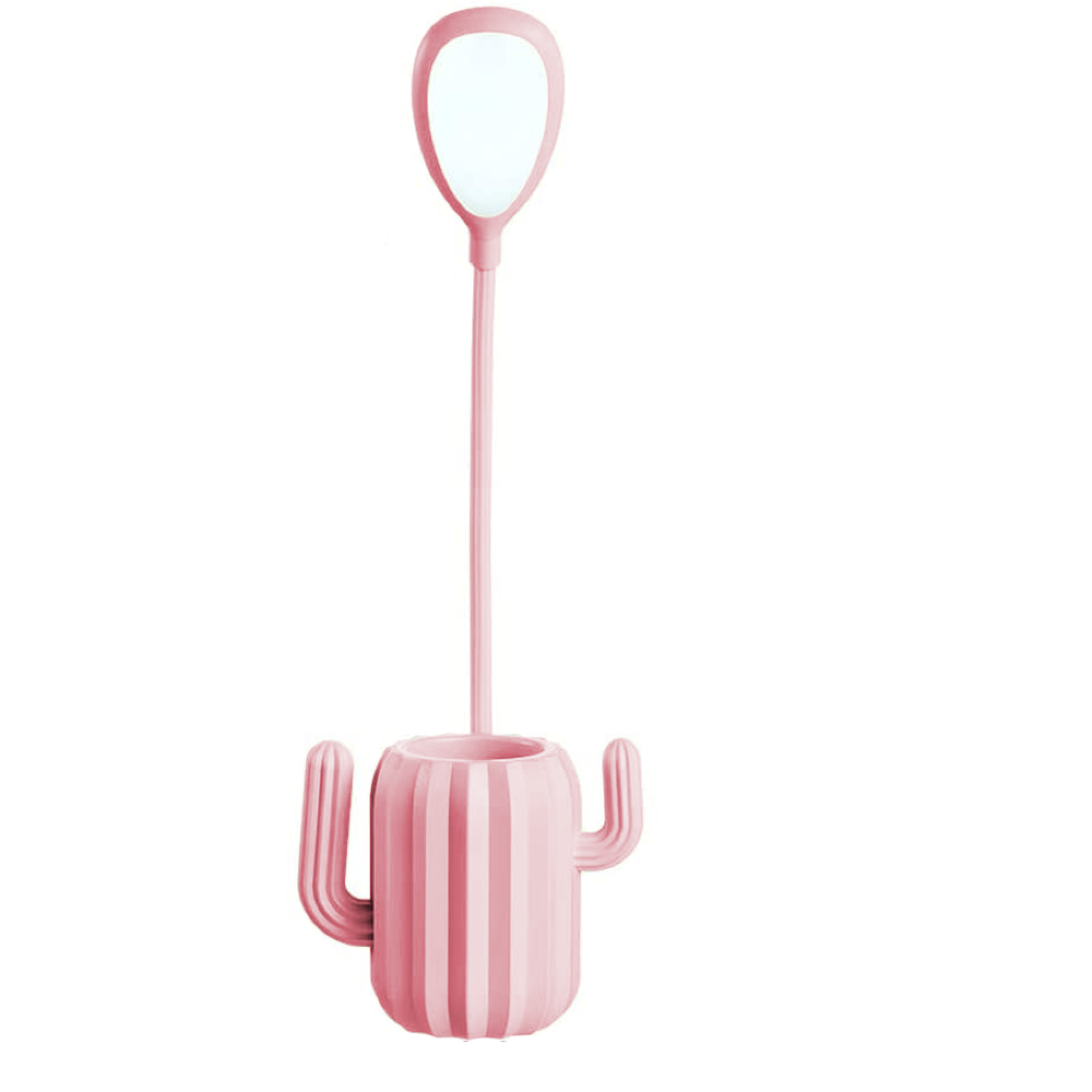 Eine rosa Lampe in Kaktusform mit einem flexiblen Arm und einem ovalen Licht.