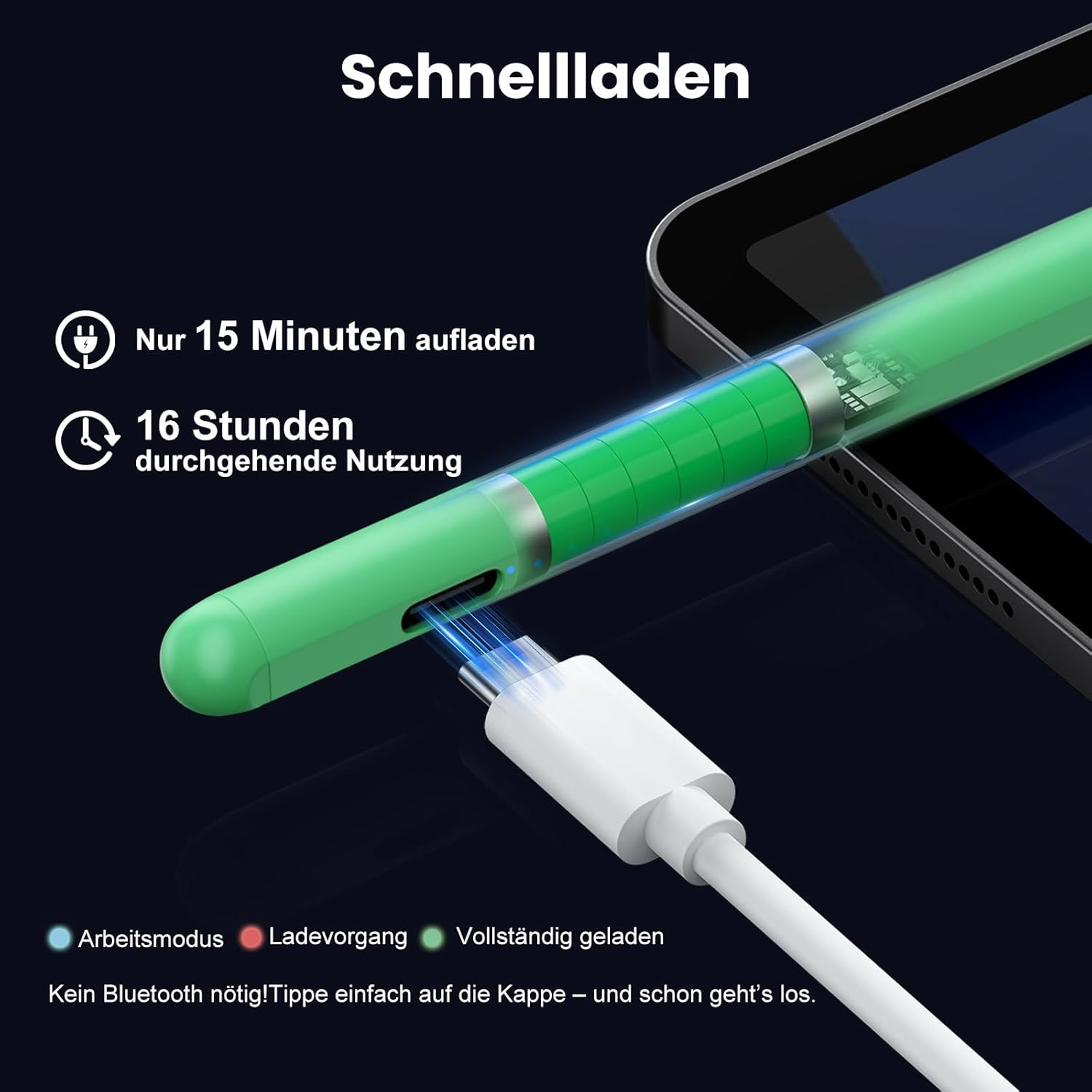 Grüner Stift lädt an einem Tablet. 15 Min. Ladezeit, 16 Std. Nutzung.