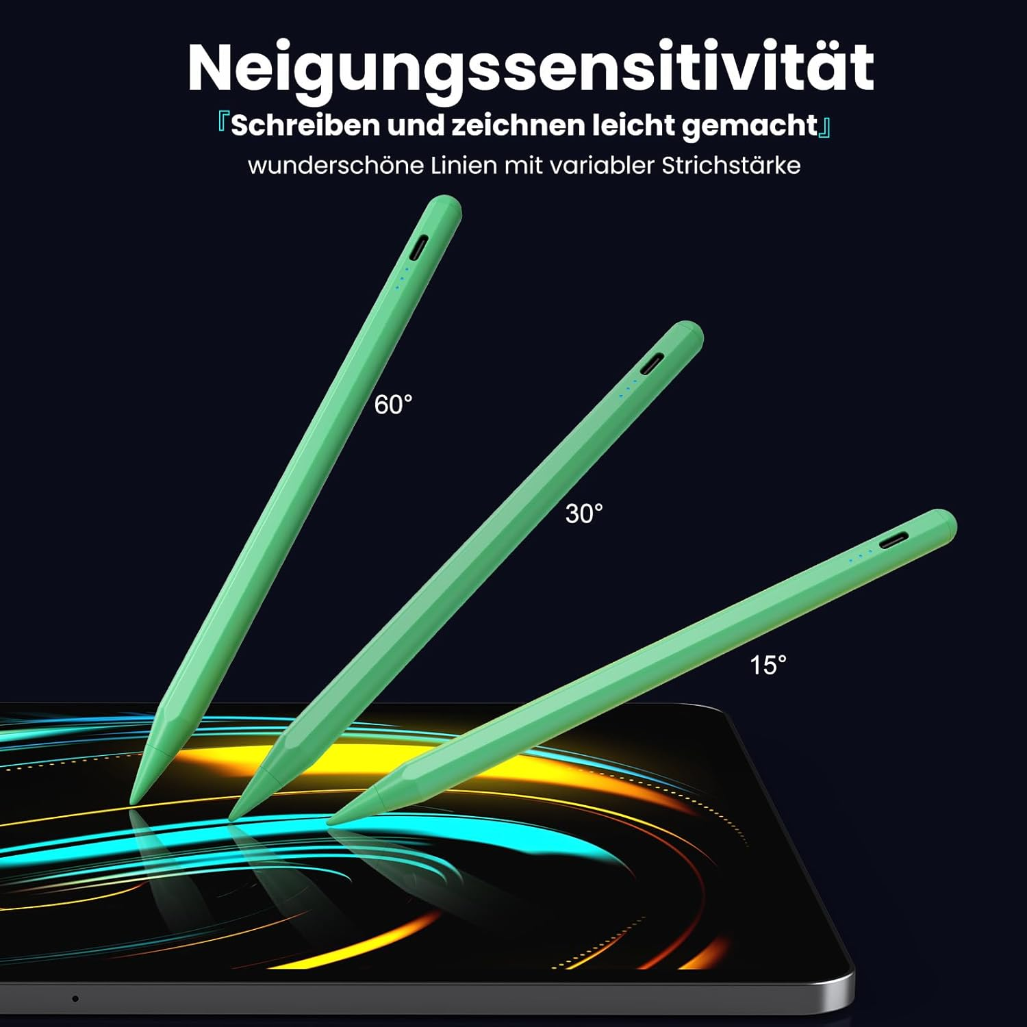 Drei grüne Stifte zeigen Neigungssensitivität auf einem Tablet.