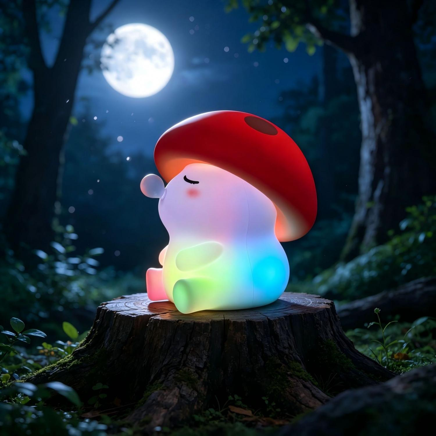 Eine leuchtende Pilzfigur sitzt unter Vollmond auf einem Baumstumpf.