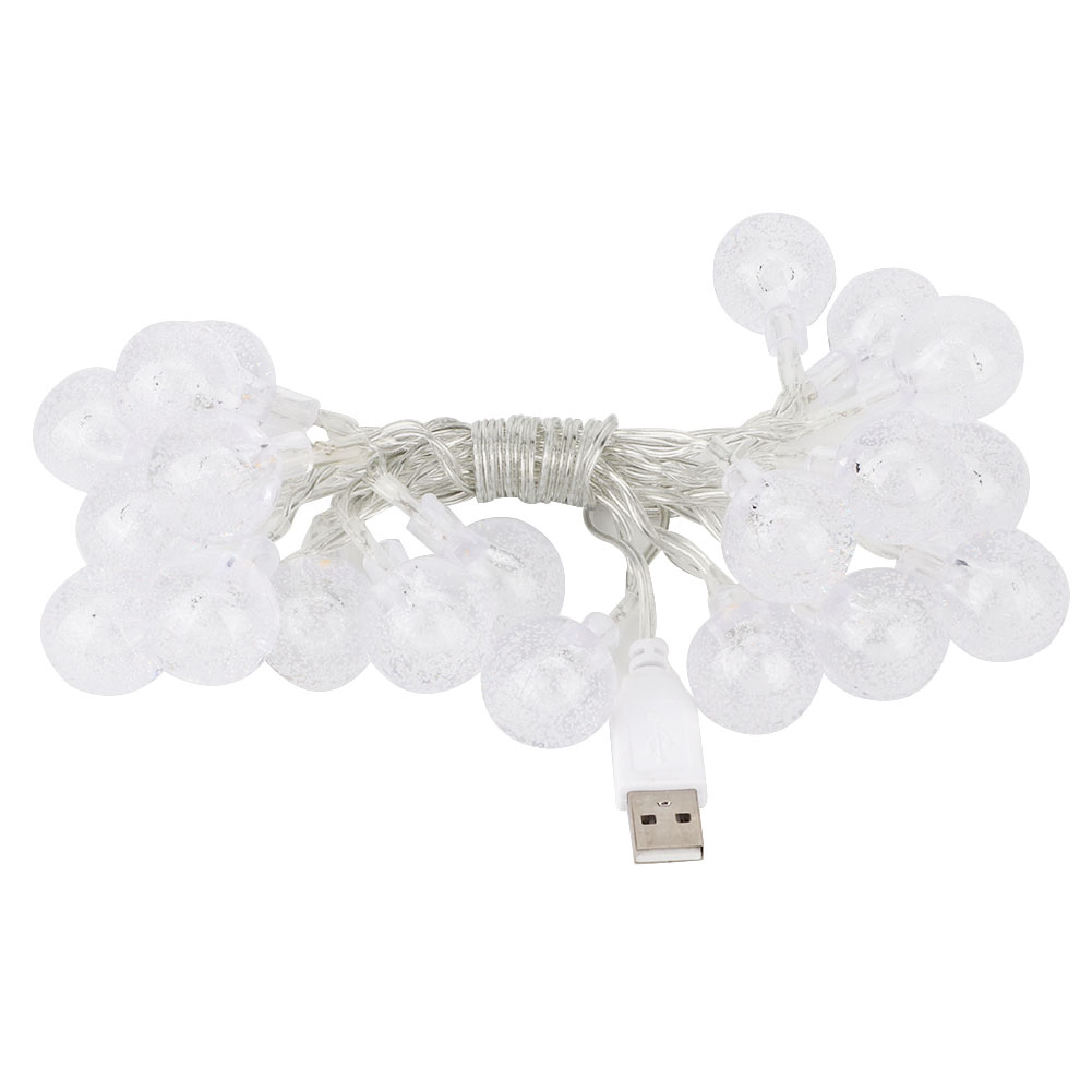 Eine Lichterkette mit 20 transparenten Kugellampen und einem USB-Anschluss.