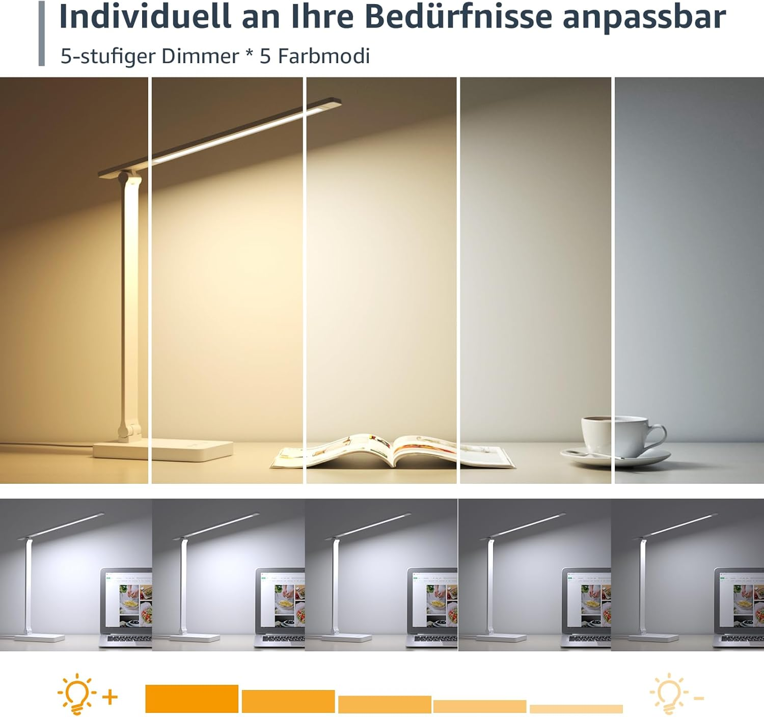 Moderne Schreibtischlampe mit einstellbarer Helligkeit und Farbtemperatur.