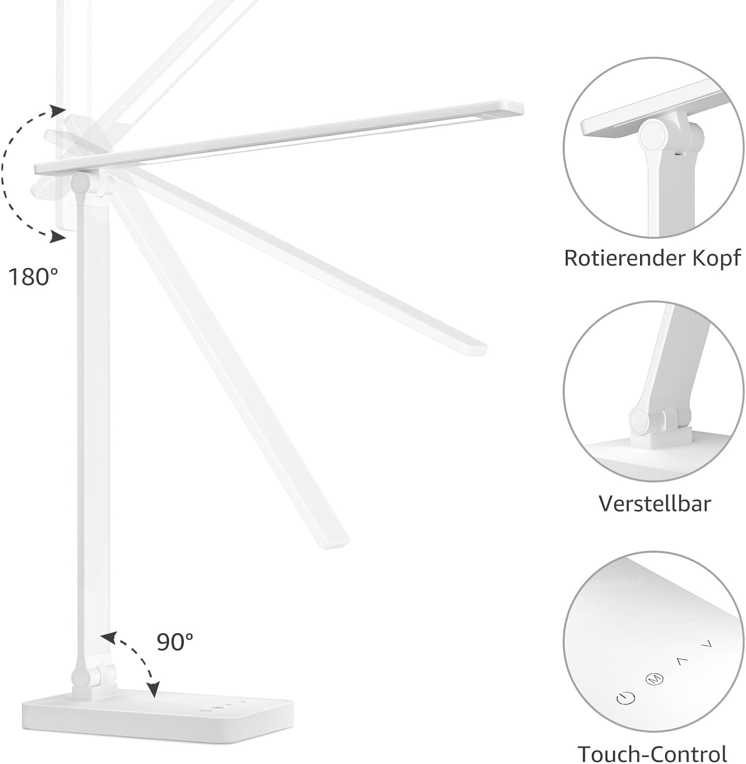 Weiße Schreibtischlampe mit verstellbarem Arm und Touch-Bedienfeld.