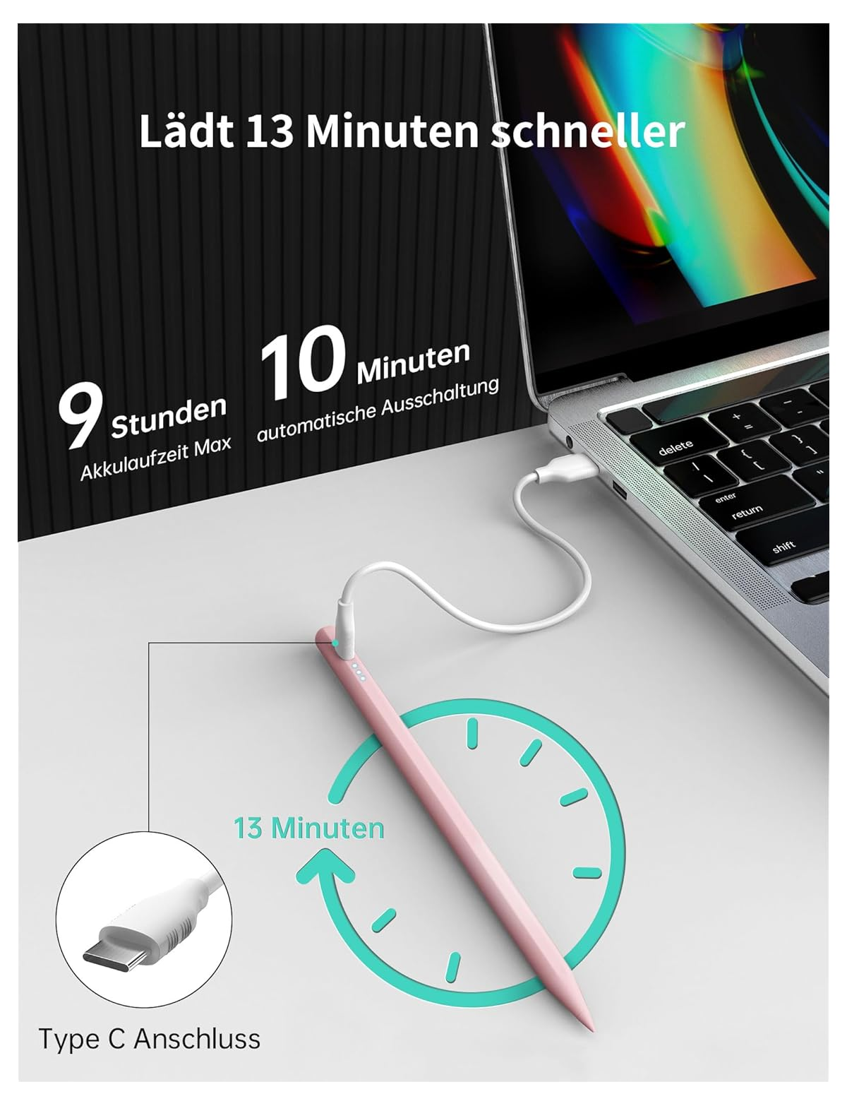 Ein rosa Stift lädt einen Laptop über USB-C. 9 Std. Akku, 10 Min. Abschaltung.