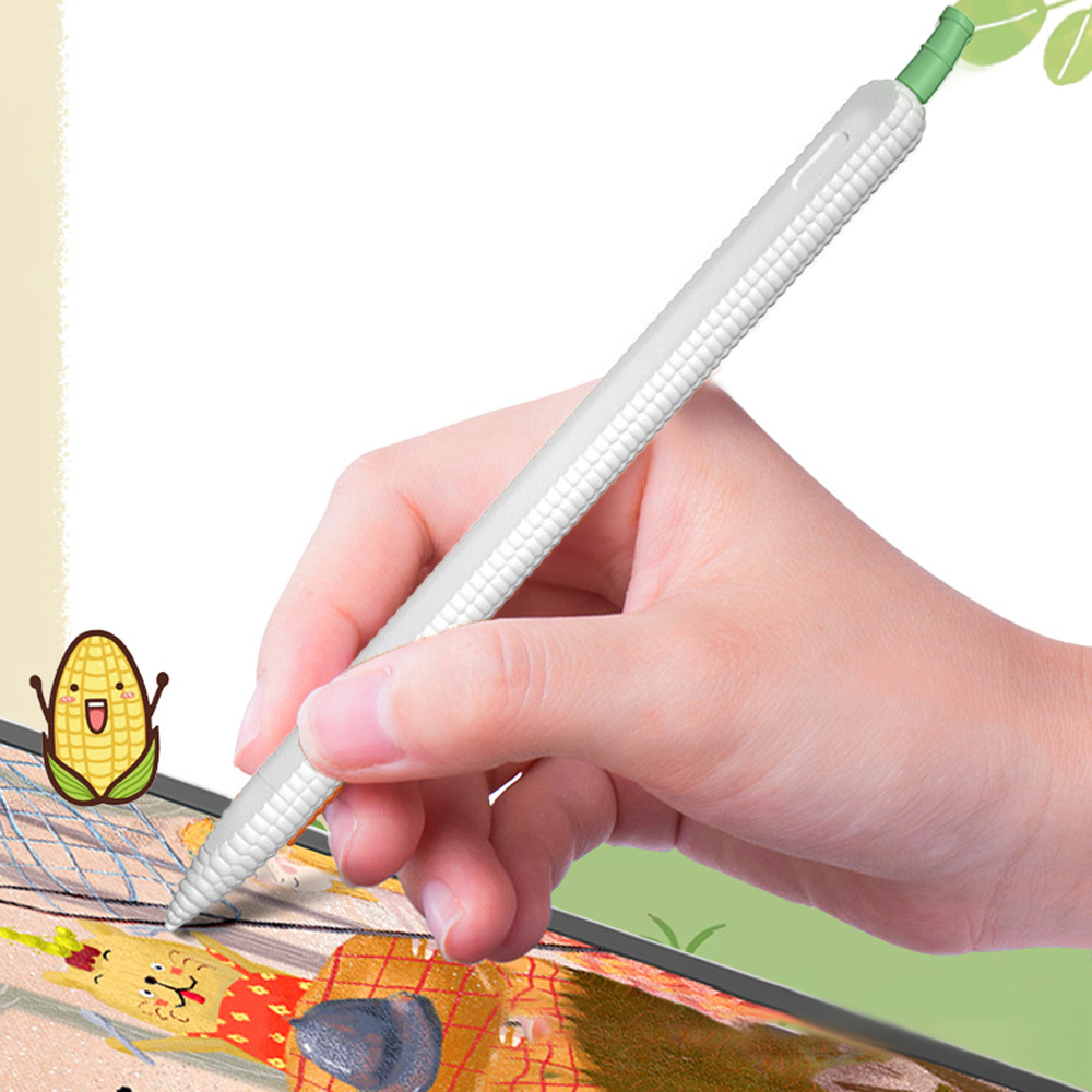 Eine Hand hält einen stiftförmigen Stift mit Maiskornmuster und grüner Spitze.