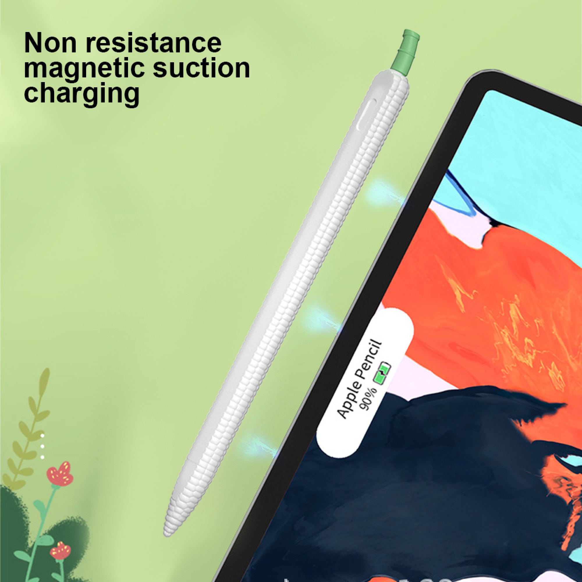Ein weißer Apple Pencil mit einer grünen Spitze lädt magnetisch an einem Tablet.