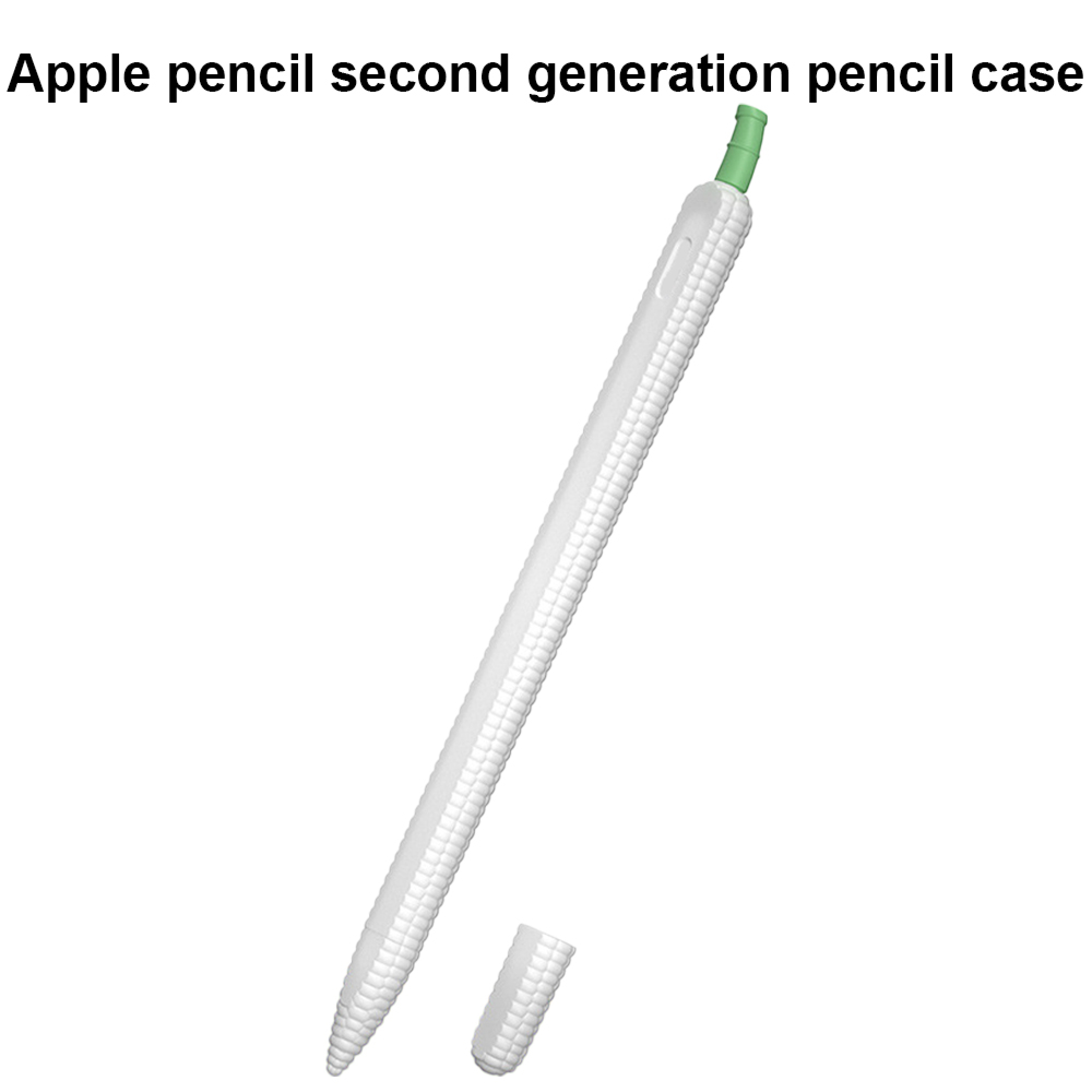Ein weißer Apfelstift-Schutz im Maiskolben-Design mit grüner Kappe.