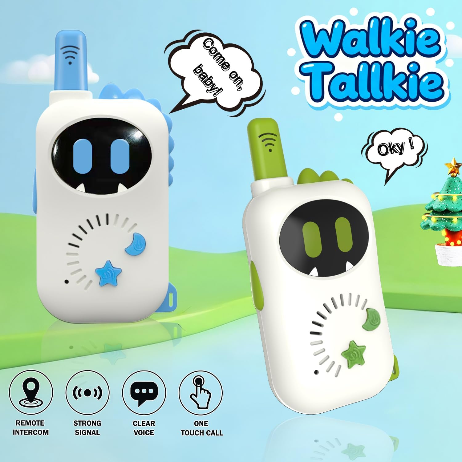 Zwei bunte Walkie-Talkies mit Dinosaurier-Design, die mit Sprechblasen und Funktionen dargestellt werden.