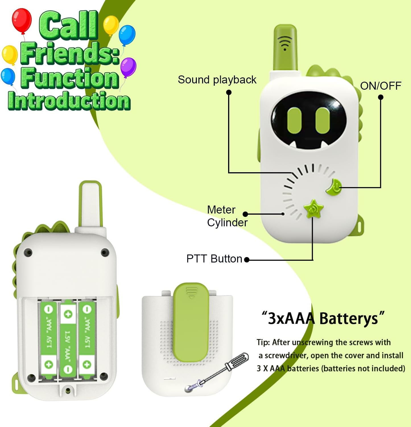 Ein Spielzeug-Funkgerät mit Dinosaurier-Design, das AAA-Batterien verwendet.