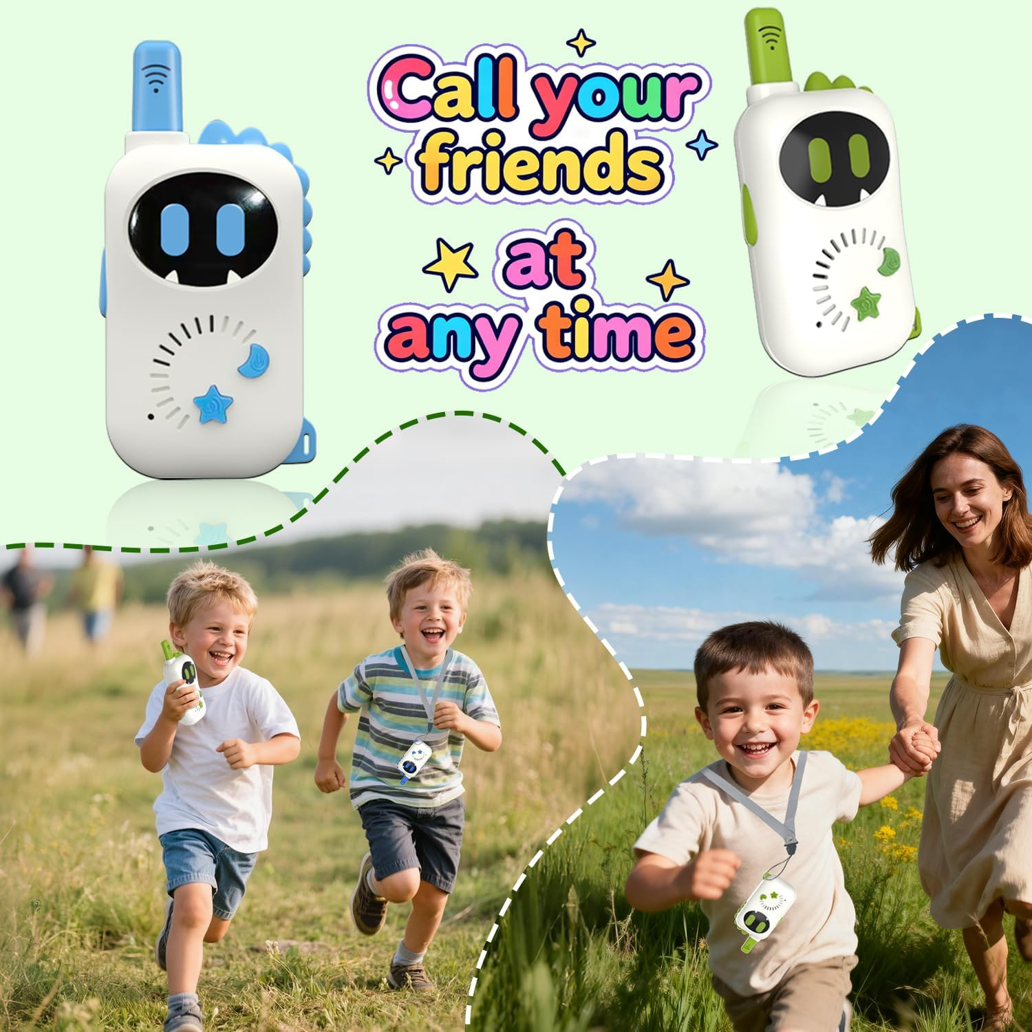 Kinder rennen lachend im Freien mit Walkie-Talkies.