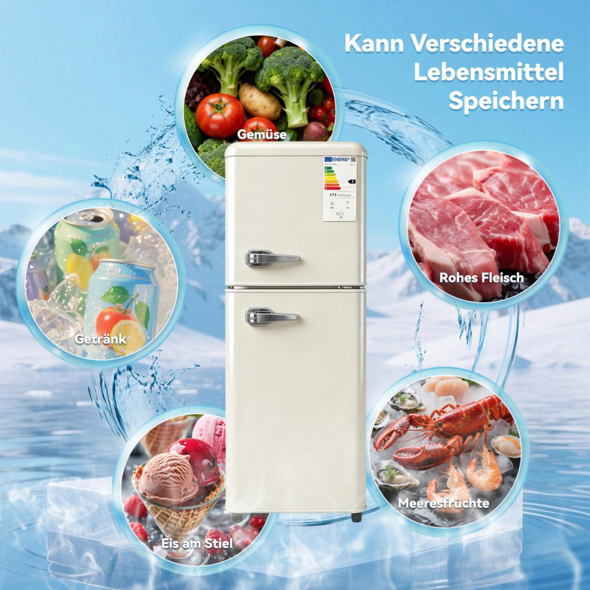 Ein cremefarbener Kühlschrank mit verschiedenen Lebensmitteln wie Gemüse, Fleisch, Meeresfrüchten, Getränken und Eis.