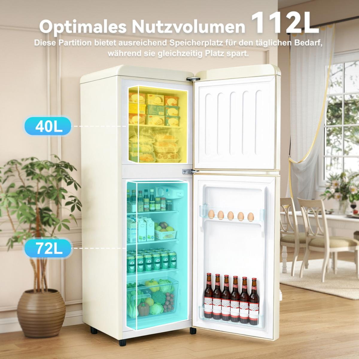 Ein offener Kühlschrank mit Lebensmitteln und Getränken, 112L Fassungsvermögen.