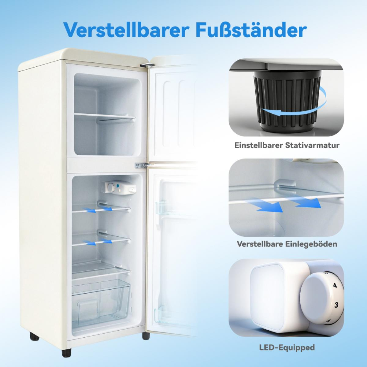Ein weißer Kühlschrank mit offener Tür, der verstellbare Füße und Regale zeigt.