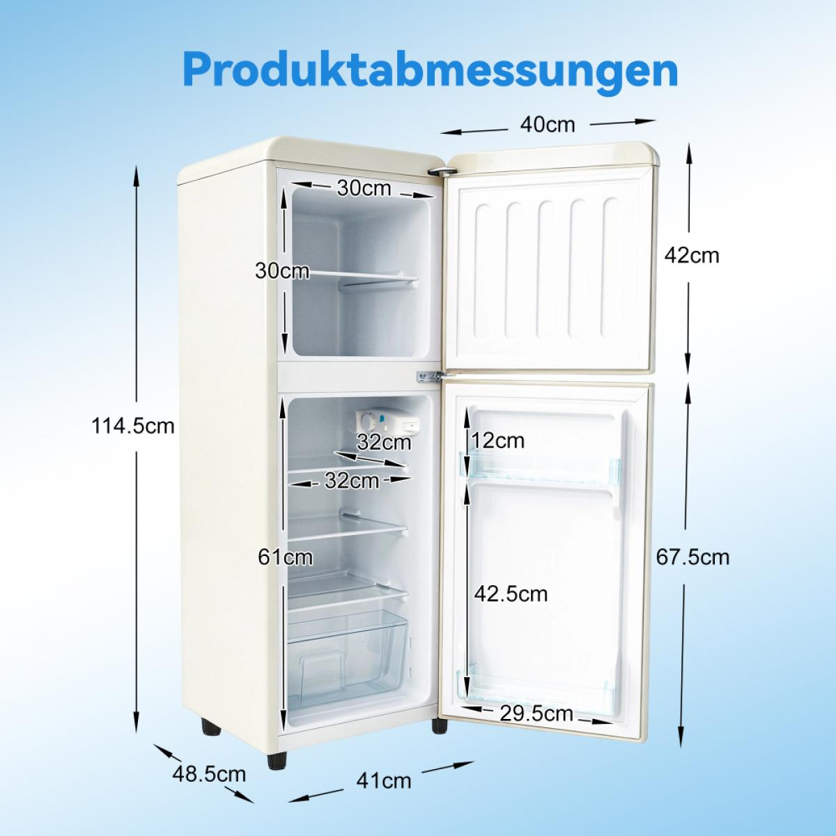 Ein cremefarbener Kühlschrank mit offenen Türen, Maße in cm sind angegeben.