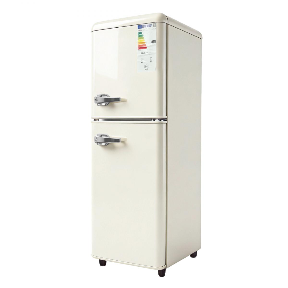 Ein cremefarbener Kühlschrank im Retro-Stil mit zwei Türen und silbernen Griffen.