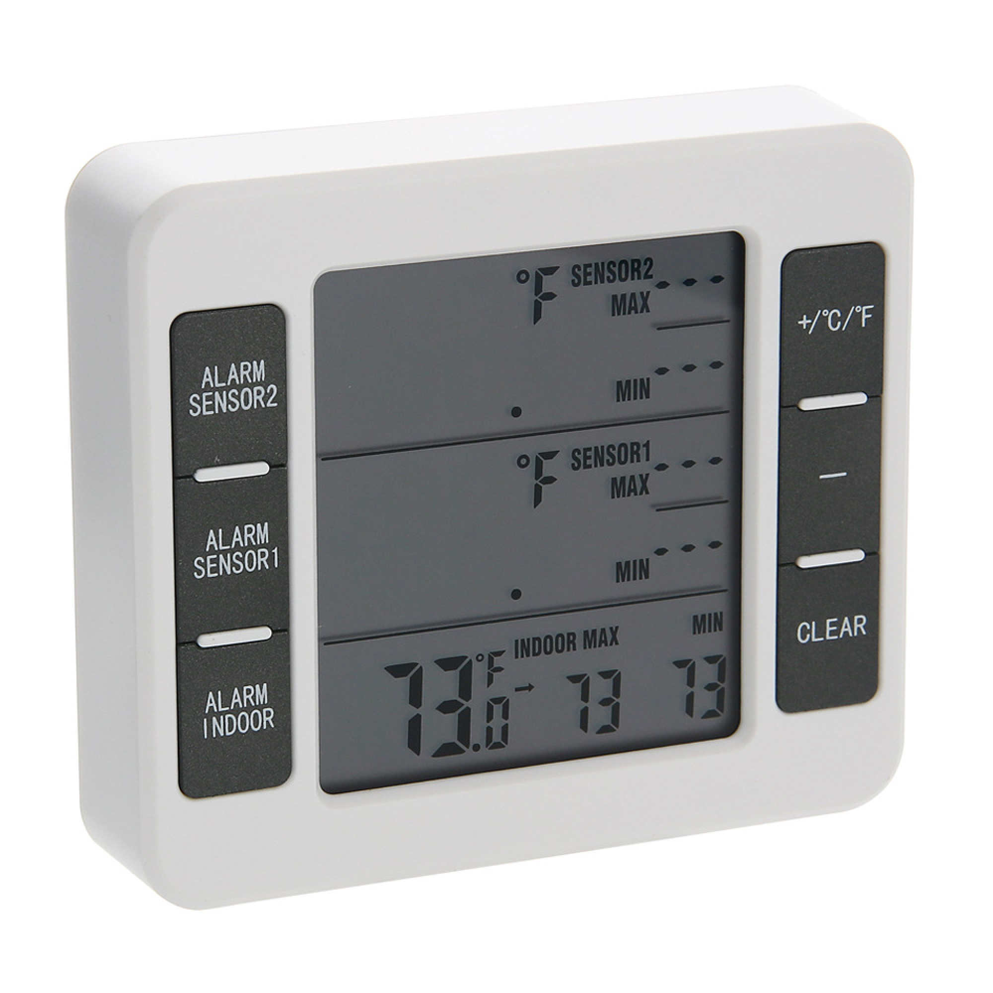 Ein weißes digitales Thermometer mit grauen Tasten und einem LCD-Bildschirm.