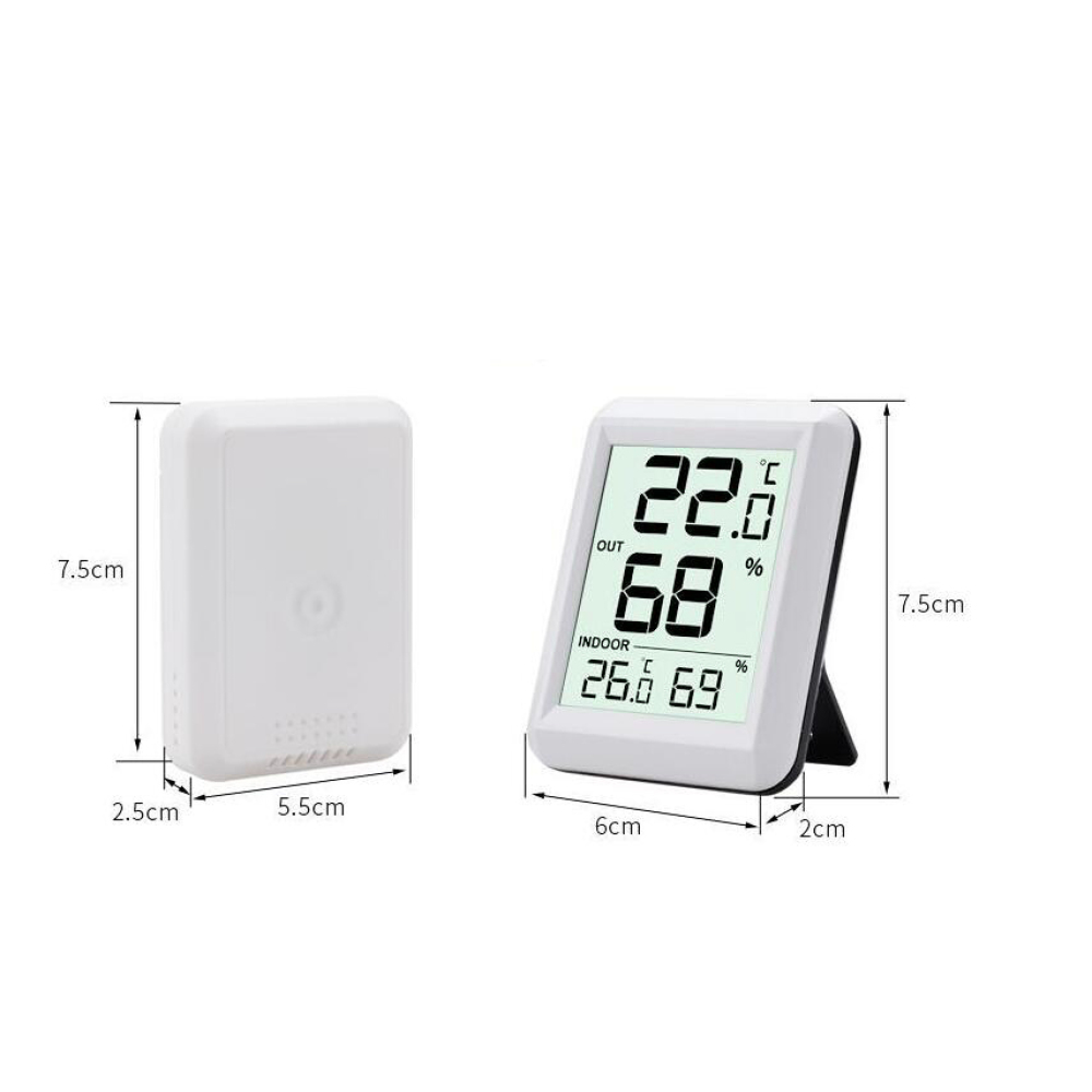 Zwei weiße digitale Geräte: ein Sensor, ein Display zeigt AUßEN 22 C, 68% und INNEN 26,6 C, 69%.