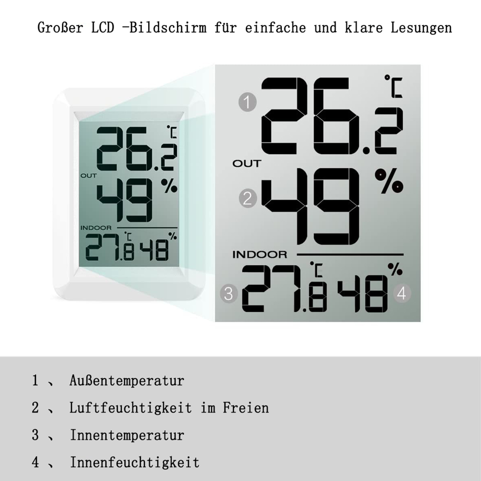 Digitales Thermometer mit LCD-Anzeige zeigt Außen-/Innennummer an.