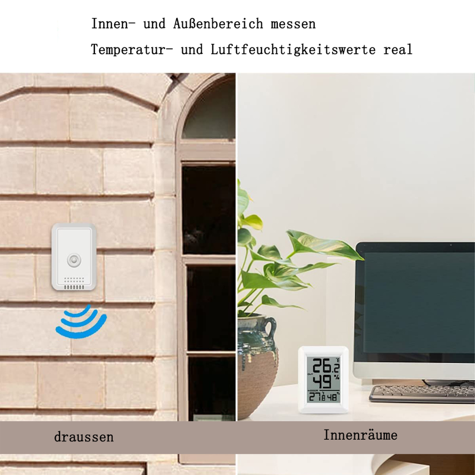 Ein Außensensor an einer Wand und ein Innenthermometer mit Computer.