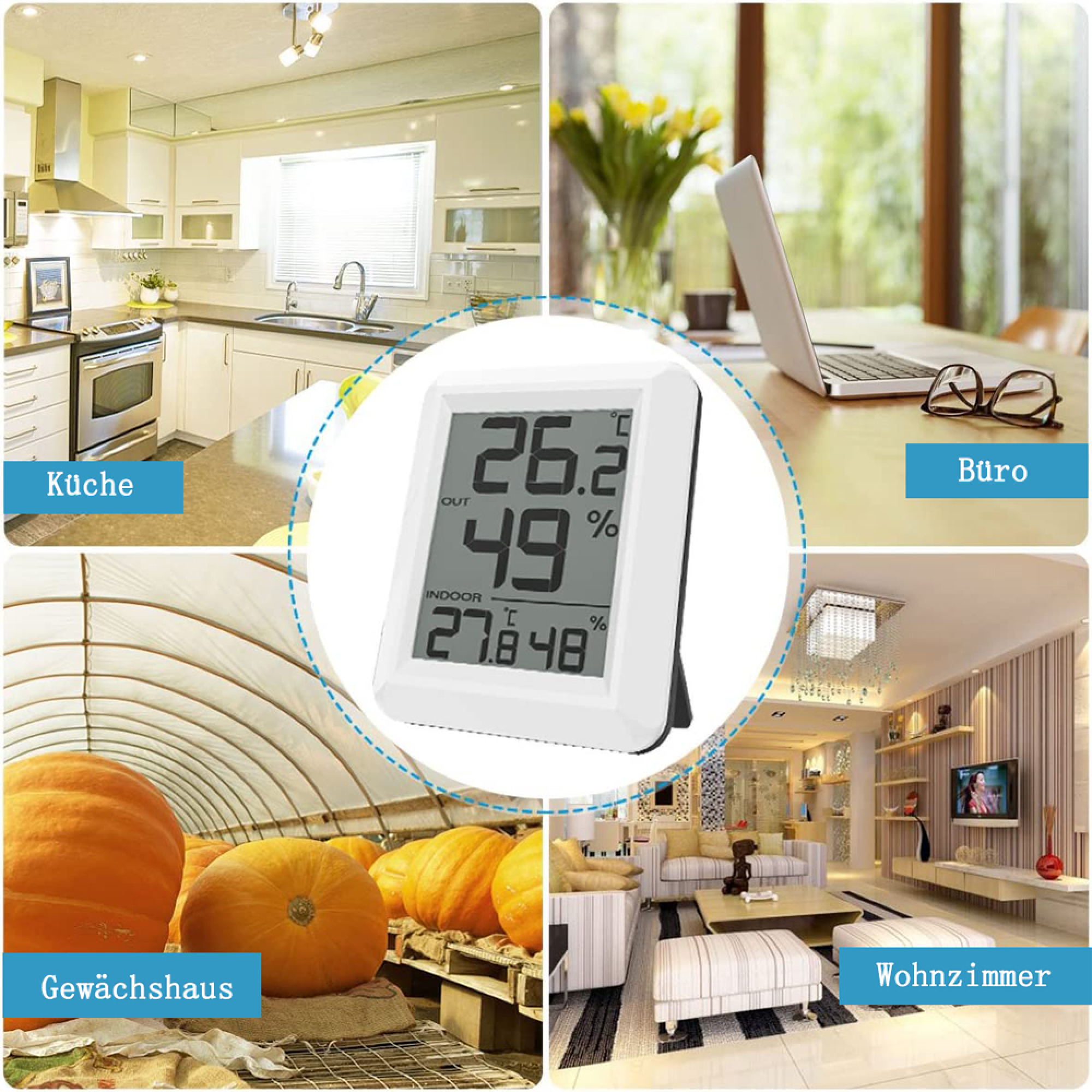 Collage aus Küche, Büro, Gewächshaus und Wohnzimmer. Digitales Thermometer in der Mitte.