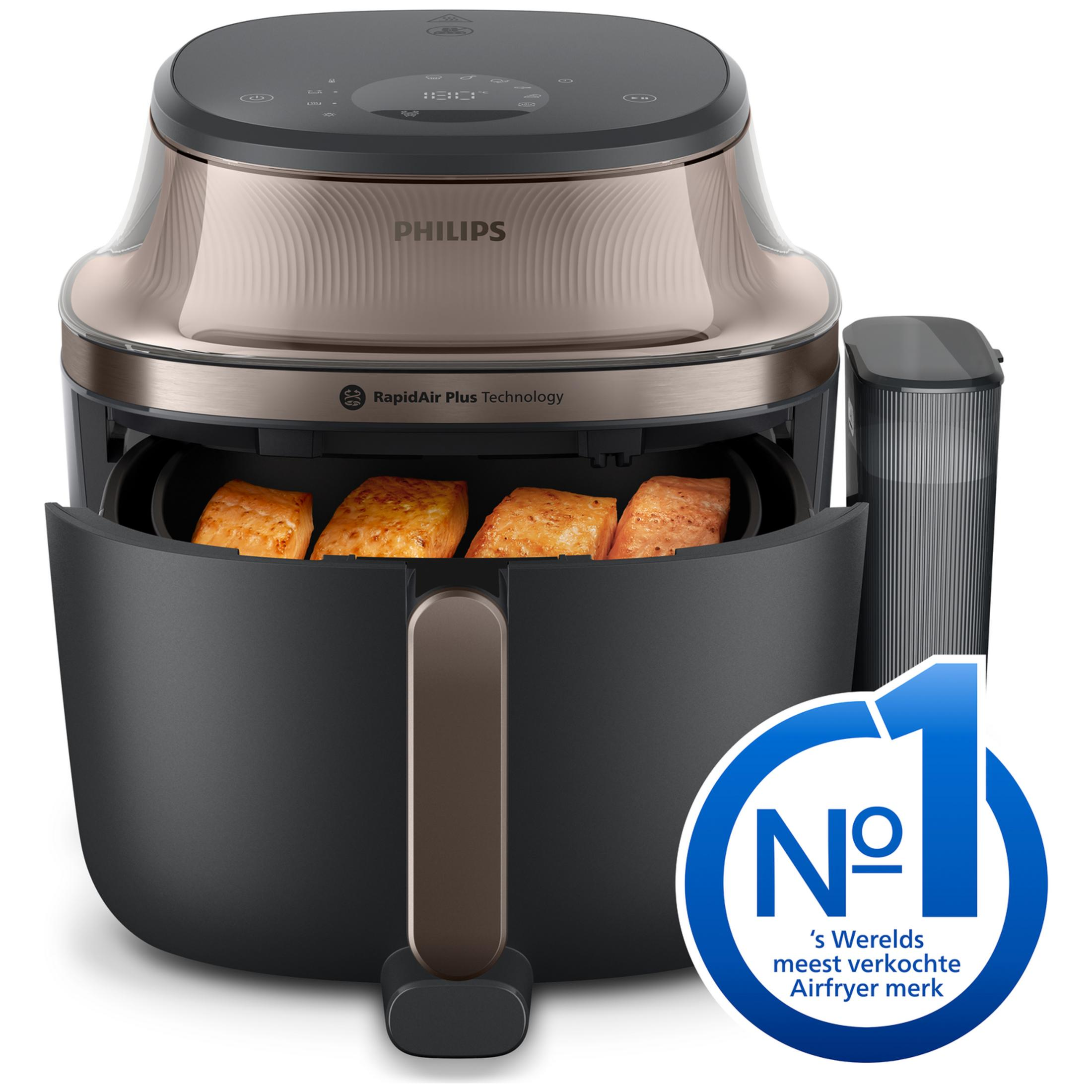Una friggitrice ad aria Philips con filetti di salmone cotti e un logo "N. 1".