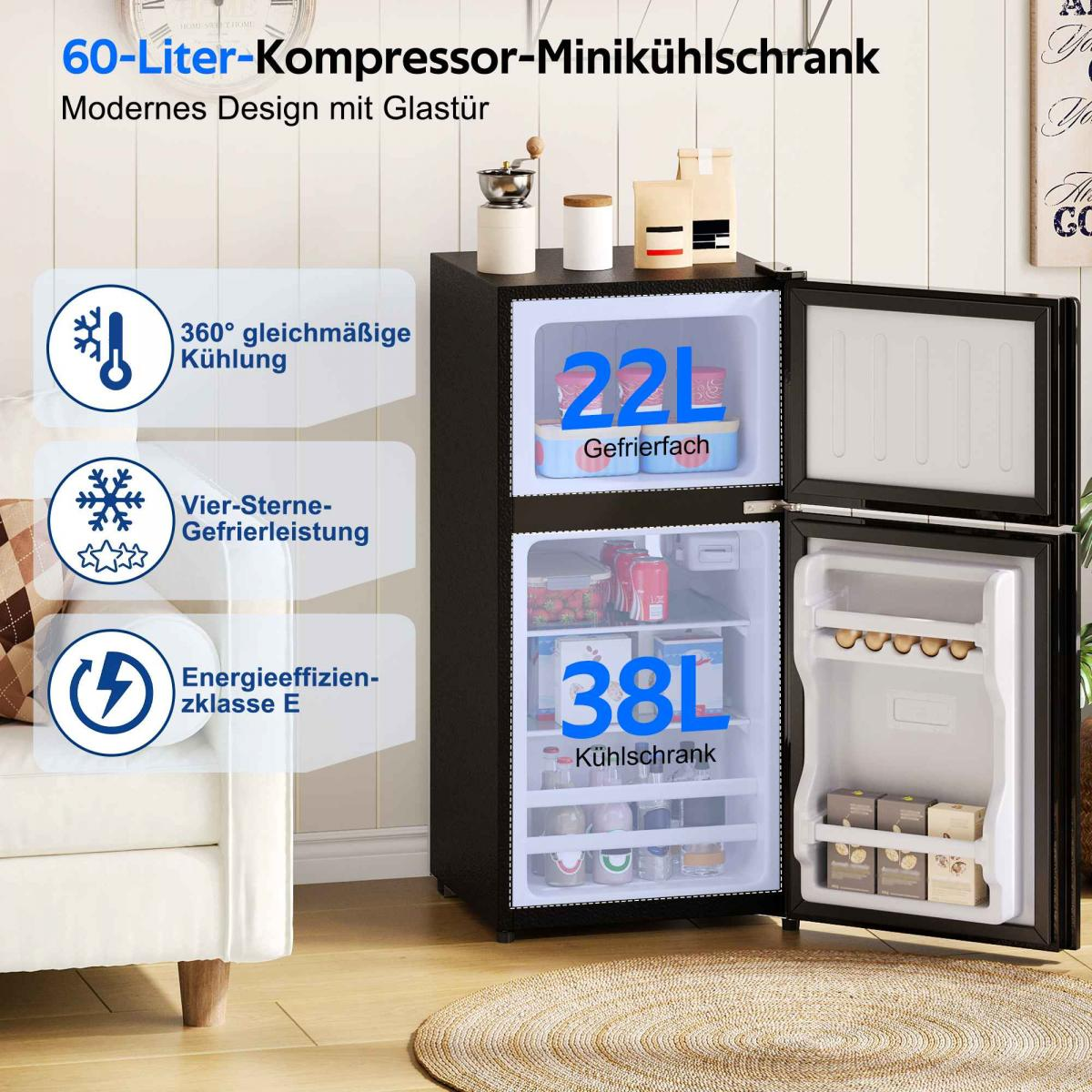 Ein schwarzer Kompressor-Minikühlschrank mit Glastür, 22L Gefrierfach und 38L Kühlschrank.