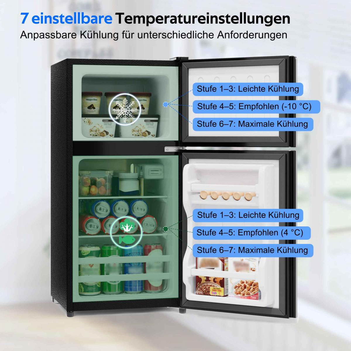 Ein offener schwarzer Kühlschrank mit gefrorenen Lebensmitteln und Getränken.